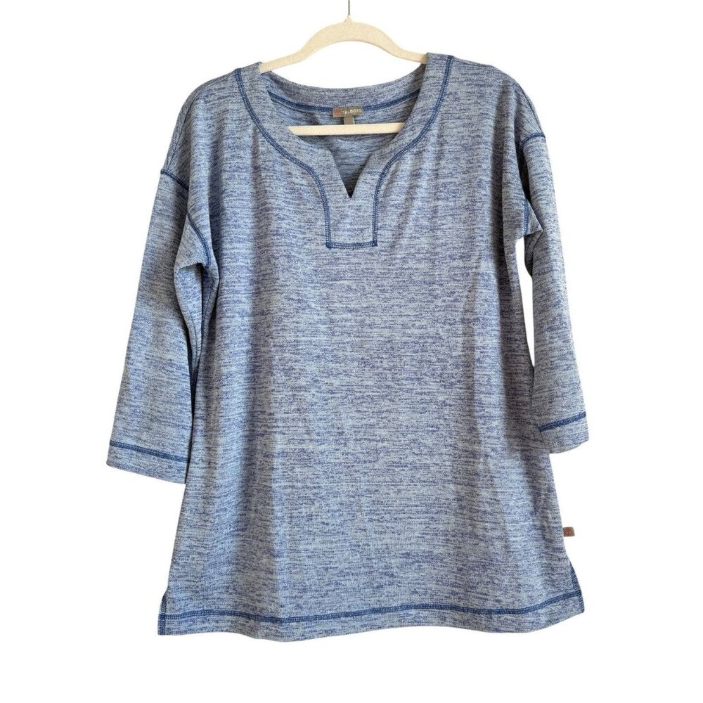 T by Talbots Womens Petites Split Neck Blue Sweater Top 3/4 Sleeves Soft Size MP